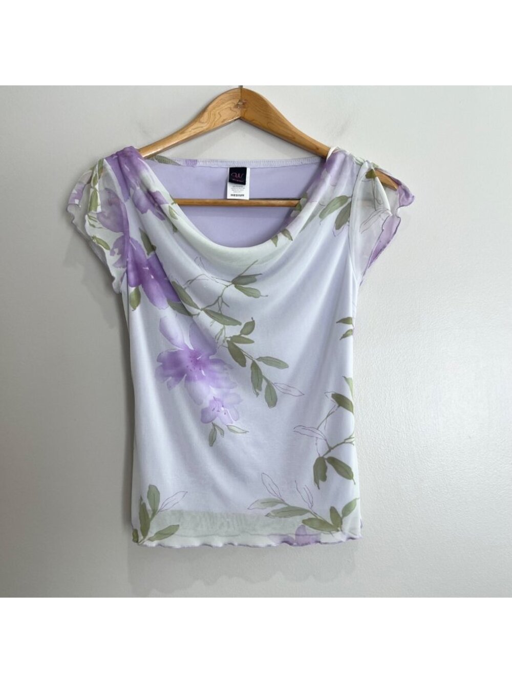Wrapper Y2K Cowl Neck Blouse Womens M Lilac Floral Flutter Sleeve Fairy